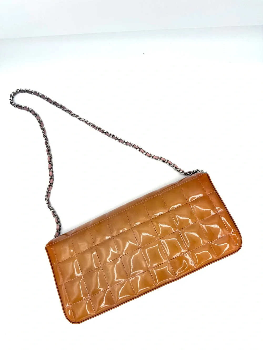 CHANEL Quilted Orange Patent Leather Chocolate Bar CC Flap Bag